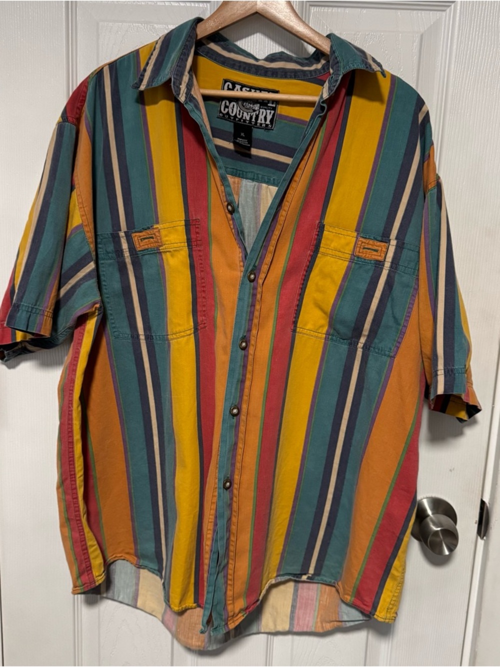 VINTAGE Casual Country Multicolor Striped Short-Sleeve Button-Down Shirt XL